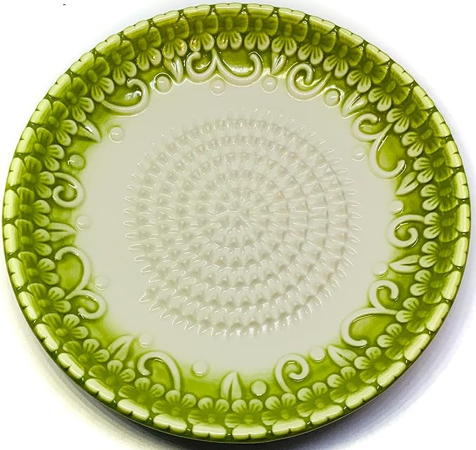 BonCera, All-in-one Premium Ceramic Garlic Grater Plate 4-Piece Set - Green Embossed Design and Style - For Garlic, Ginger, Chocolate, and more! - Comes with 5.25" Plate, Peeler, Brush, and Stand