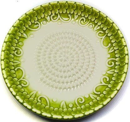 BonCera, All-in-one Premium Ceramic Garlic Grater Plate 4-Piece Set - Green Embossed Design and Style - For Garlic, Ginger, Chocolate, and more! - Comes with 5.25" Plate, Peeler, Brush, and Stand