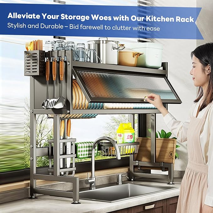 Hdrriozu Over the Sink Dish Drainer Drying Rack 3 Tier Over Sink Dish rack for a Tidy Kitchen Sink Shelf Organized Space-Saving Dish Rack with Cover for Dishes, Glasses, Bowls, and Cutlery - Image 2