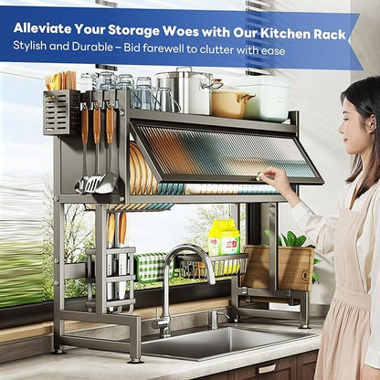 Hdrriozu Over the Sink Dish Drainer Drying Rack 3 Tier Over Sink Dish rack for a Tidy Kitchen Sink Shelf Organized Space-Saving Dish Rack with Cover for Dishes, Glasses, Bowls, and Cutlery - Image 2