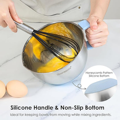 Rorence Stainless Steel Mixing Bowls Set: Non-Slip Silicone Bottom Kitchen Bowls with Pour Spout, Handle and Lid - Set of 3 - Light Blue - Image 3