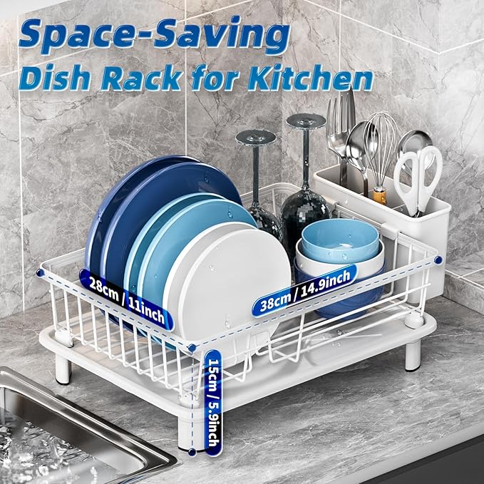 Dish Drying Rack, Stainless Steel-Dish Rack, Dish Racks for Kitchen Counter, Kitchen Dish Drainers with Removable Utensil Holder,New drain outlet,Plate Rack and Drainboard,(White-11" W x 15" L) - Image 2