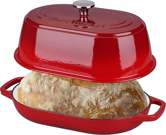 VORRINGARD Enameled Cast Iron Dutch Oven Pot with Dome Lid, Oval Bread Oven for Homemade Sourdough Bread Baking, Oven Safe up to 500°F, 6 Quart, Red