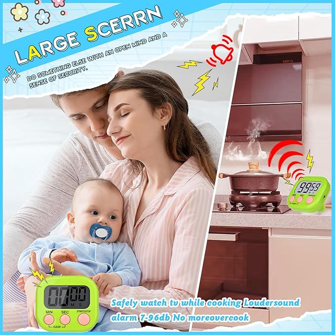 Mwellewm Digital Kitchen Timer 12 Packs Magnetic Classroom Stopwatch Timer 6 Colors Small Digital Countdown Timers for Cooking Mini Loud Alarm Stop for Kitchen Study Work Sports Games Office Clock - Image 3