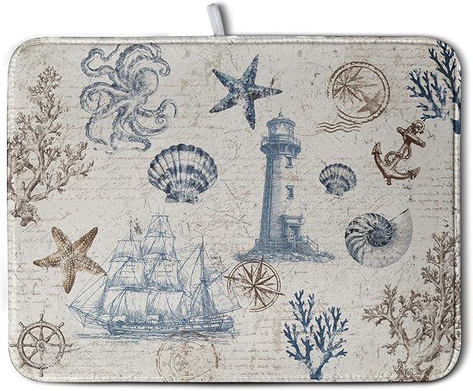 Nautical Coastal Dish Drying Mat for Kitchen Counter Summer Ocean Sailboat Starfish Seashell Absorbent Microfiber Dish Mat Reusable Washable Dish Drainer Rack Mat 18x24 Inch by Kwlegh