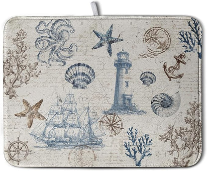 Nautical Coastal Dish Drying Mat for Kitchen Counter Summer Ocean Sailboat Starfish Seashell Absorbent Microfiber Dish Mat Reusable Washable Dish Drainer Rack Mat 18x24 Inch by Kwlegh