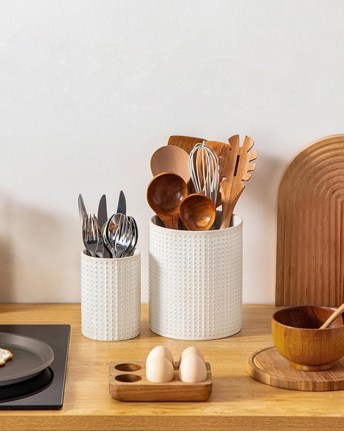 MALACASA LYDIA Ceramic Utensil Holders, 7.3"+5.5" Kitchen Utensil Crock Set for Countertop, Large & Small Utensil Organizers for Cooking Tools, Rhombus Pattern - Image 6