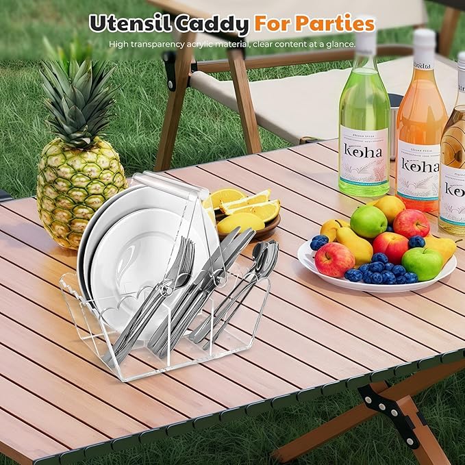 Scalloped Silverware Organizer. Acrylic Utensil Caddy.Heavy-Duty Countertop Cutlery Holder for Spoons,Forks,Knives, Napkins,Plates Space-Saving Countertop Cutlery Caddy - Picnic Party Essential - Image 7