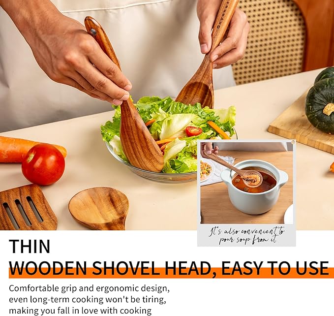 Wooden Spoons for Cooking,9 Pcs Teak Kitchen Utensil Set Wooden Cooking Utensils Wooden Spatula for Cooking - Image 5