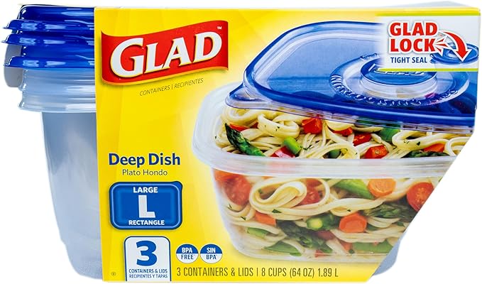 Glad GladWare Deep Dish Food Storage Containers with Lids, Large Rectangle BPA Free Plastic for Soups Salads and Meal Prep, Lock Tight Seal, Microwave Dishwasher Safe, 64 Oz, 3 Count - Image 2