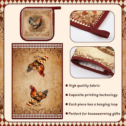 Leinuosen 6 Farm Rooster Farmhouse Kitchen Decor Dish Towels Oven Mitts and Pot Holders Sets Chicken Kitchen Towels Absorbent Decorative Accessories for Cooking Baking Grilling