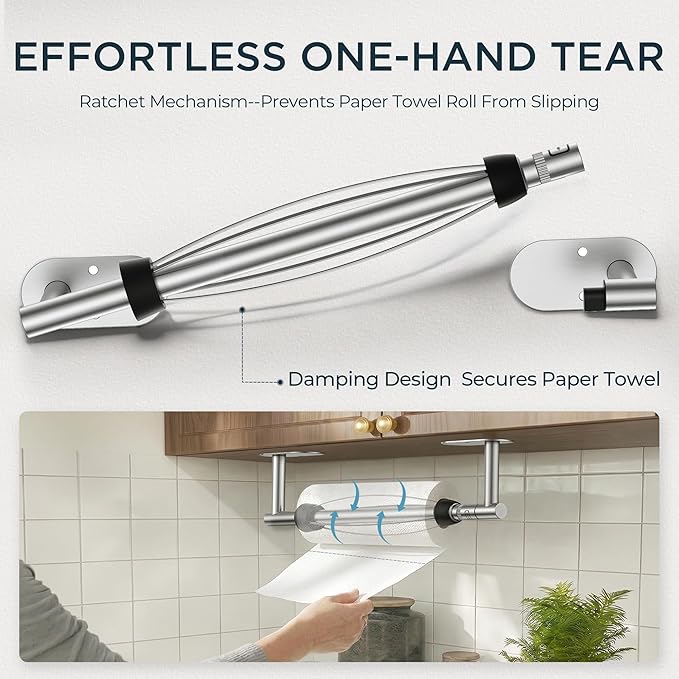 FORIOUS Paper Towel Holder Under Cabinet, One Hand Operable with Ratchet System for Easy Tear, Adhesive or Drill Wall Mount, SUS304 Commercial Paper Towel Holder for Kitchen Bathroom, Sliver - Image 2