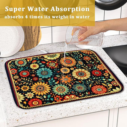 Bohemian Style Flowers Drying Pad Boho Floral Dish Drying Mat for Kitchen Counter Absorbent Microfiber Drainer Rack Mat - Image 7
