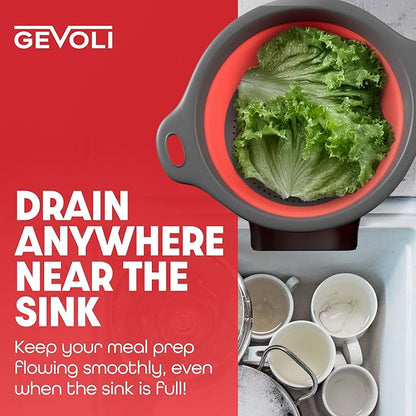 Gevoli Strainer with Self-Draining Base (5QT) Over-Sink Collapsible Kitchen Colander Set with Side-drain Base for Pasta Vegetables and Fruit, XL Large Capacity, Dishwasher Safe (5-Quart) Red/Gray - Image 5