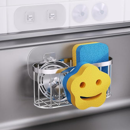 HapiRm Sink Caddy Sponge Holder - 2 Installation Ways Kitchen Sink Organizer with Smiley Face Sponge Holder, Stainless Steel Kitchen Caddy - Silver by HapiRm