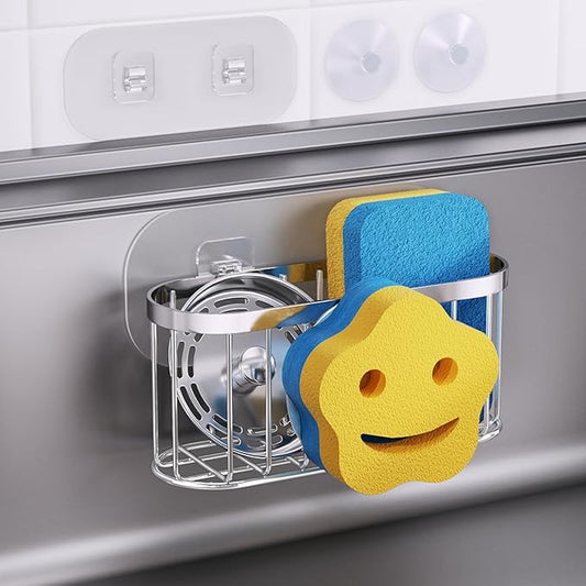 HapiRm Sink Caddy Sponge Holder - 2 Installation Ways Kitchen Sink Organizer with Smiley Face Sponge Holder, Stainless Steel Kitchen Caddy - Silver by HapiRm