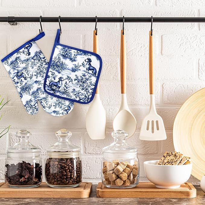 FYSUIMU 4Pcs Chinoiserie Dachshund Oven Mitts and Pot Holders Set Heat Resistant Non-Slip Potholders Blue White Botanical Dog Kitchen Oven Gloves with Hot Pads for Cooking Baking