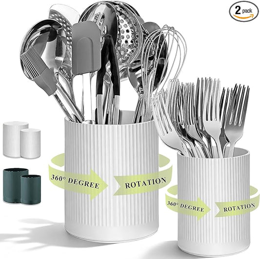 HOMQUEN 360° Rotating Utensil Holder, 6.3''+4.7'' Plastic Kitchen Utensil Holder for Countertop, Large Cooking Utensil Crocks for Kitchen Decor, Utensil Organizer for Spatula, Set of 2 (White) by HOMQUEN