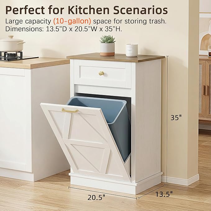 YESHOMY Tilt Out Trash Cabinet,10 Gallon Hidden Wooden Bin Cabinets, Laundry Hamper with Drawers, for Kitchen, Dining Room, White