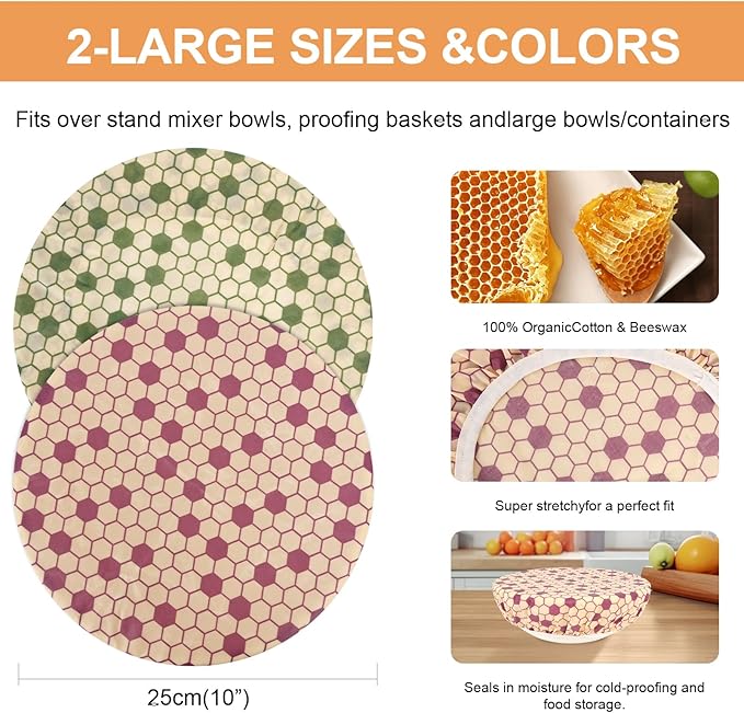 Reusable Bowl Covers for Bread Proofing（2 Large）- Cotton Beeswax Bowl Covers Reusable with Elastic Rim, Sourdough Bowl Cover for Food Storage and Food Preservation (10INCH) (honeycomb)