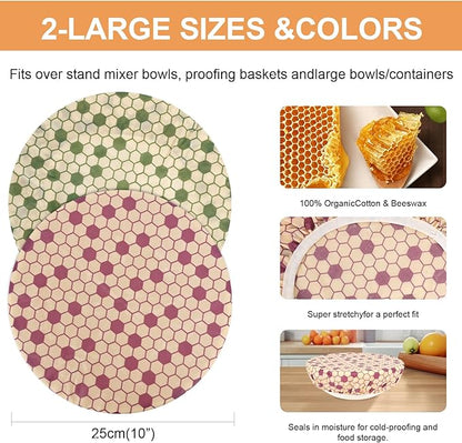 Reusable Bowl Covers for Bread Proofing（2 Large）- Cotton Beeswax Bowl Covers Reusable with Elastic Rim, Sourdough Bowl Cover for Food Storage and Food Preservation (10INCH) (honeycomb)