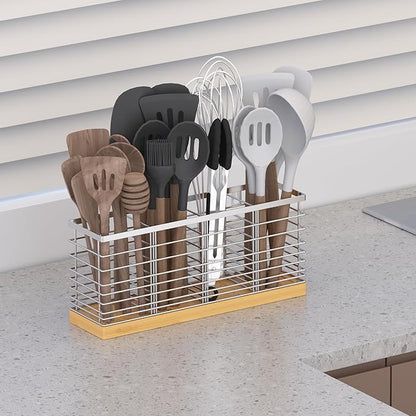 Suli Extra Large Kitchen Utensil Holder Countertop with 4 Compartments,Silvery Metal holder with Wooden Base for Countertop,Farmhouse Utensil Organizer for counter,Rustic Cooking Utensil Organizer - Image 9