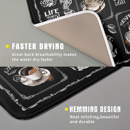 Giwawa Coffee Dish Drying Mat Vintage Anti Fatigue Espresso Cup Black Bean Maker Machine Drainer Mat Small Dish Pad Dish Drainer Rack Mat Protector Kitchen Accessories Bar Time 16x18 inch