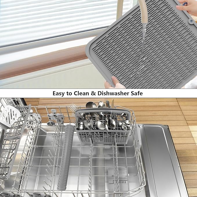 ZLR 2 Pcs Large Silicone Dish Drying Mat (16" x 18") - XL Heavy Duty Drainboard Mat for Pots, Pans & Family Loads - Heat Resistant Trivet & Counter Protector, Easy Clean (Dark Gray) - Image 8