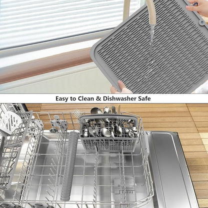 ZLR 2 Pcs Large Silicone Dish Drying Mat (16" x 18") - XL Heavy Duty Drainboard Mat for Pots, Pans & Family Loads - Heat Resistant Trivet & Counter Protector, Easy Clean (Dark Gray) - Image 8