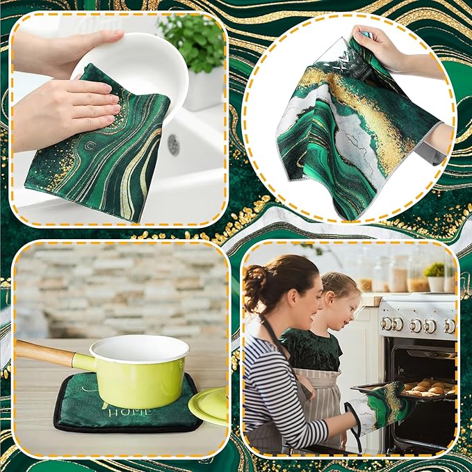 Leinuosen 8 Pcs Kitchen Towels and Dishcloths Sets Oven Mitts and Pot Holders Sets Absorbent Kitchen Gloves Potholders Heat Resistant for Chef Baking Cooking (Green,Marble)