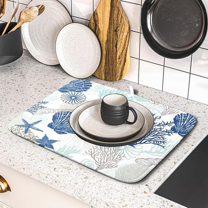 Summer Navy Blue Dish Drying Mat for Kitchen Counter 16×18 Inch Coral Drainer Pad Washable Starfish Dish Rack Pad Drainer Mat Beach Absorbent Reversible Microfiber Dish Drying Pad for Coffee Bar