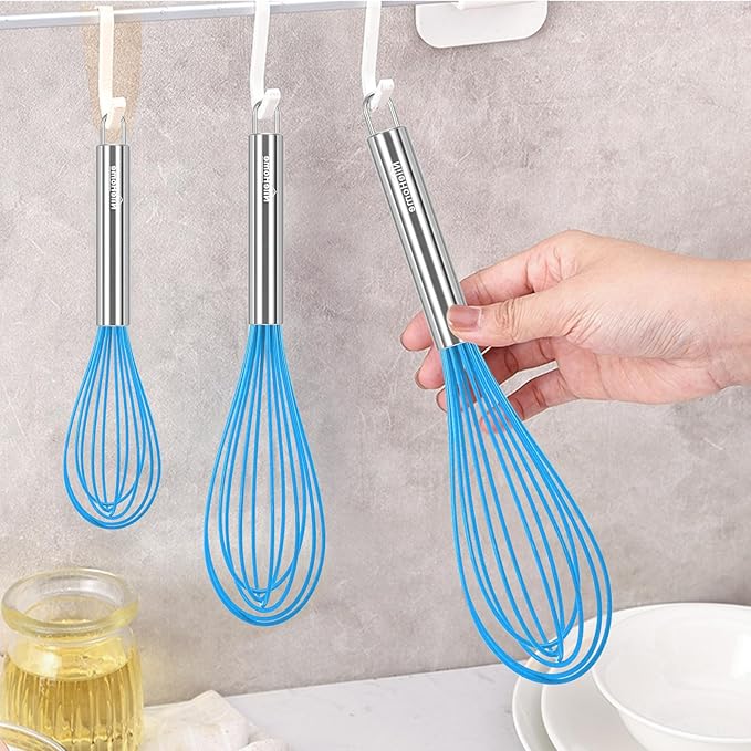 NileHome Whisk Commercial Stainless Steel wisk & Silicone Non-Stick Coated Small Whisk Set 8" 10" 12" Kitchen Wisk Wire Whisks for Cooking 3 Pack, Bule - Image 6