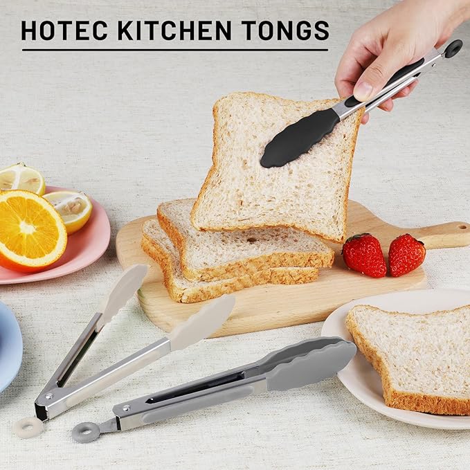 Hotec 7-Inch Mini Silicone Kitchen Tongs, Heat Resistant Non-Stick Small Serving Tongs with Silicone Tips, Food Safe Cooking Tongs Set of 3 (Black, Grey, White) - Image 8