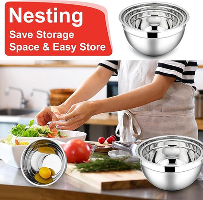E-far Mixing Bowls with Lids, 6-Piece Stainless Steel Salad Bowls Metal Nesting Bowls for Baking Cooking and Prepping, Airtight Lids & Stackable Design, Size 4.5, 3, 1.5 QT (Red) - Image 6