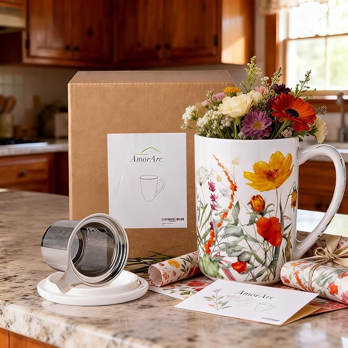 AmorArc Porcelain Tea Mug with Infuser and Lids, 18 Oz Large Cup Strainer with Bag Holder for Loose Leaf Tea, Steeping Coffee Mug for House-warming Wedding Birthday Gift