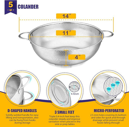 E-far 5-Quart Stainless Steel Colander, Micro-Perforated Metal Colander Strainer with Handle for Kitchen/Draining Pasta/Rinsing Vegetables Fruits, Heavy Duty & Dishwasher Safe - 11 Inches - Image 2