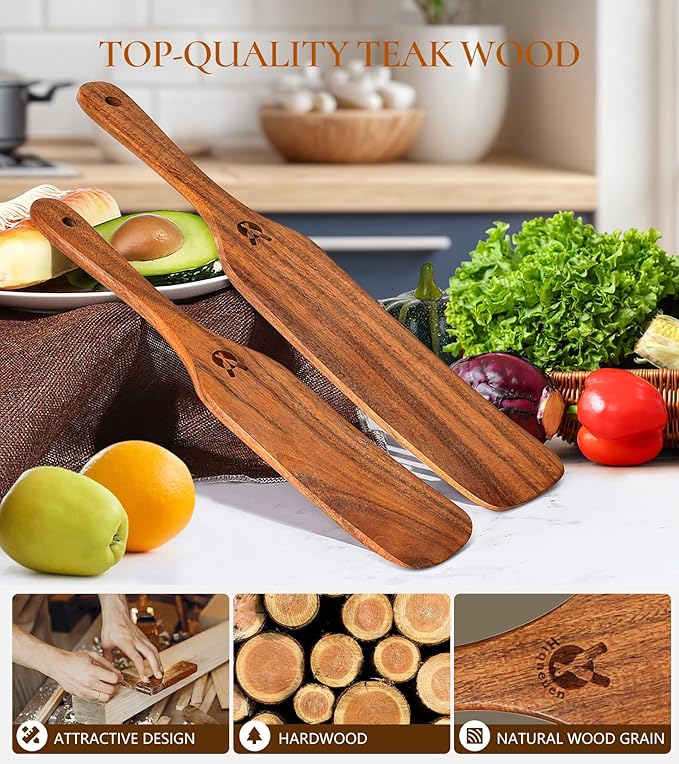2Pcs Spurtles Kitchen Tools Wooden, Wooden Spurtle Spatula Set for Sourdough Starter, Natural from High Moist Resistance Teak, Kitchen Utensils for NonStick Cookware - Image 2