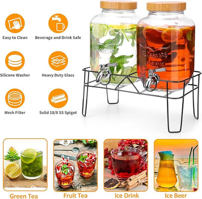 2 Pack 1 Gallon Glass Drink Dispenser with Bamboo Lids, Beverage Dispenser with Stand, Drink Machine for Lemonade, Iced Drinks Kombucha Dispenser for Parties