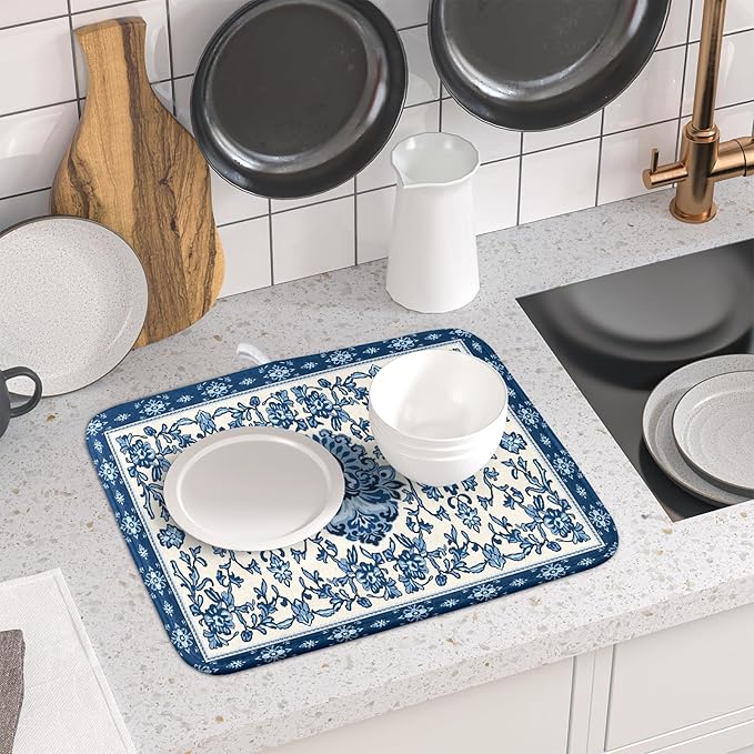 Blue Floral Dish Drying Mat for Kitchen Counter 16x18 Chinoiserie Flower Print Vintage Absorbent Reversible Microfiber Drying Mats Kitchen Countertop Protector Dishes Drainer Rack Pad - Image 6