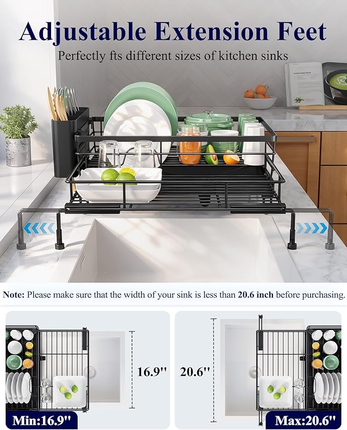Kitsure Extendable Dish Drying Rack - Rust-Resistant Dish Racks for Kitchen Counter with Adjustable Support Legs, Cutlery Holder & Removable Draining Tray (Black, 15.6''-25.2''L × 16.9''W × 8.1''H) - Image 3