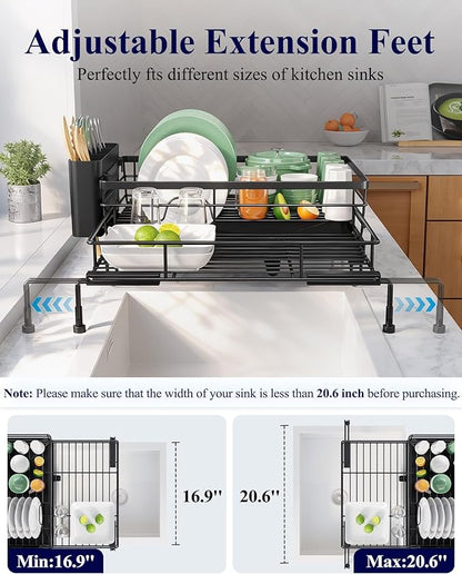 Kitsure Extendable Dish Drying Rack - Rust-Resistant Dish Racks for Kitchen Counter with Adjustable Support Legs, Cutlery Holder & Removable Draining Tray (Black, 15.6''-25.2''L × 16.9''W × 8.1''H) - Image 3