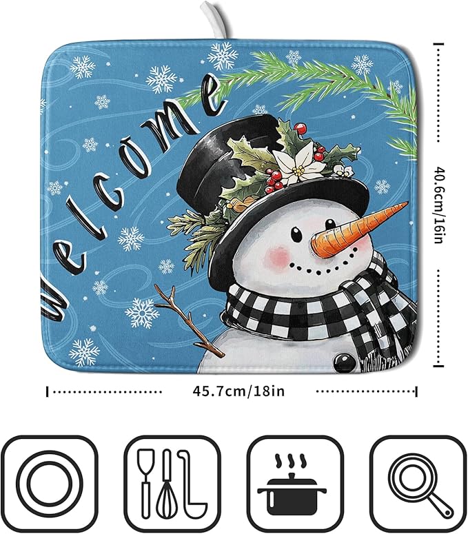 Christmas Snowman Dish Drying Mat for Kitchen Counter 16x18 Blue White Snowflake Welcome Winter Holiday Absorbent Reversible Microfiber Drying Mats Kitchen Countertop Protector Dishes Drainer Rack Pad - Image 2
