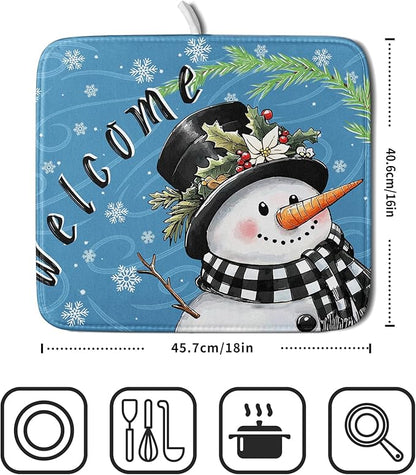 Christmas Snowman Dish Drying Mat for Kitchen Counter 16x18 Blue White Snowflake Welcome Winter Holiday Absorbent Reversible Microfiber Drying Mats Kitchen Countertop Protector Dishes Drainer Rack Pad - Image 2