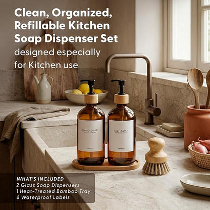 MaisoNovo Glass Dish Soap Dispenser for Kitchen Set of 2-16.9oz Amber Dish and Hand Soap Dispenser Set for Kitchen - Amber Glass Bottles x 2 with Black Bamboo Pumps & Tray