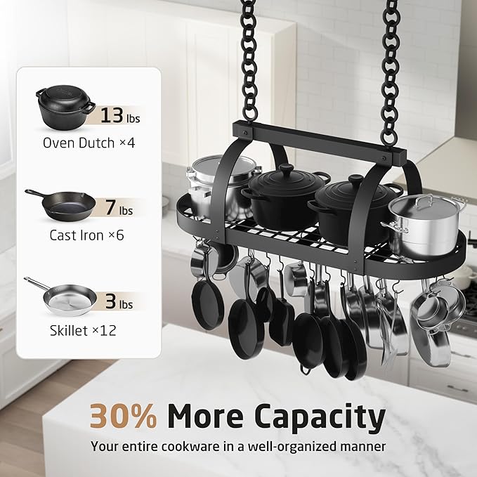 KES 48 Inch Large Hanging Pot Rack, Heavy Duty Oval Pot and Pan Hanging Rack Ceiling Mount, Pot Pan Hangers for Kitchen with 20 Hooks, Matte Black, (For 16" and 24" Joist Mount), KUR225S122-BK - Image 2