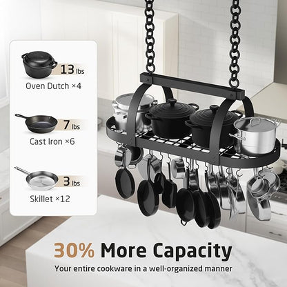 KES 48 Inch Large Hanging Pot Rack, Heavy Duty Oval Pot and Pan Hanging Rack Ceiling Mount, Pot Pan Hangers for Kitchen with 20 Hooks, Matte Black, (For 16" and 24" Joist Mount), KUR225S122-BK - Image 2