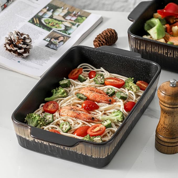 KOOV Bakeware Set, Ceramic Baking Dish, Rectangular Baking Pans Set, Casserole Dish for Cooking, Cake Dinner, Kitchen 9 x 13 Inches, 3-Piece, Stripe Series (Rough Black) - Image 7