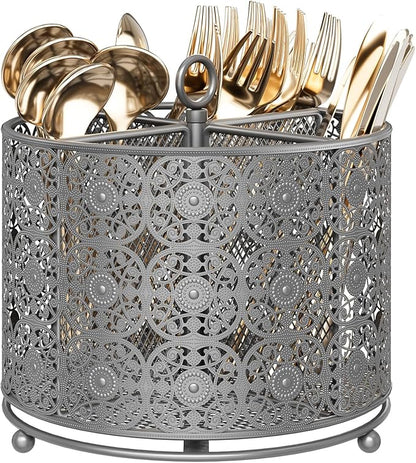 YIUKEA Rotating Utensil Caddy Countertop - Higher Raised Cutlery Caddy Holder - Metal Silverware Caddy Organizer with 4 Compartment for Kitchen Counter Party Office Silver by YIUKEA