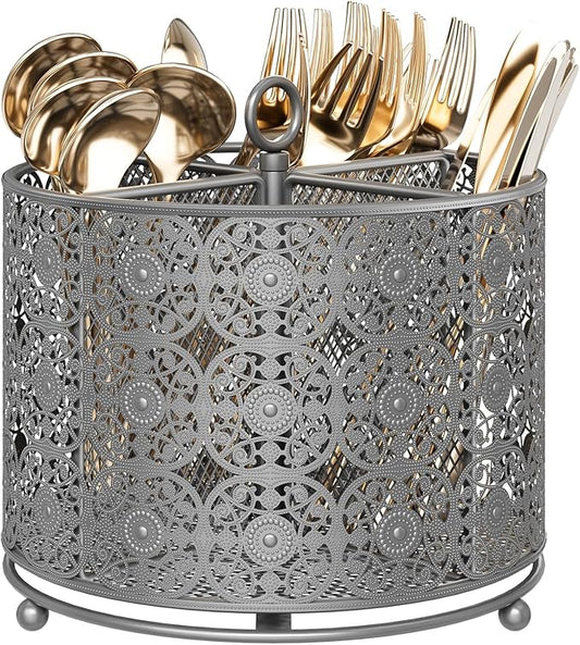 YIUKEA Rotating Utensil Caddy Countertop - Higher Raised Cutlery Caddy Holder - Metal Silverware Caddy Organizer with 4 Compartment for Kitchen Counter Party Office Silver by YIUKEA