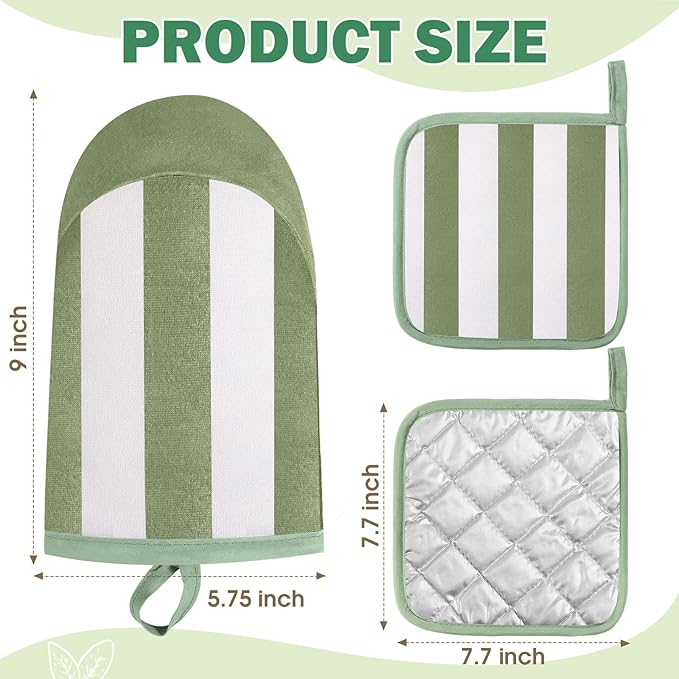 Reallnaive Oven Mitts and Pot Holders 4 Pcs Set for Kitchen, Stripe Cotton Oven Mitten Gloves Hot Pads Heat Resistant 500°f Outdoor Indoor Garden Baking Cooking BBQ Gift Hanging Loop, Beige (Green) - Image 2